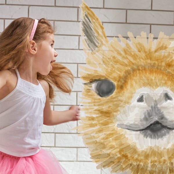 Young girl twirling with a surprised look at her Alpaca